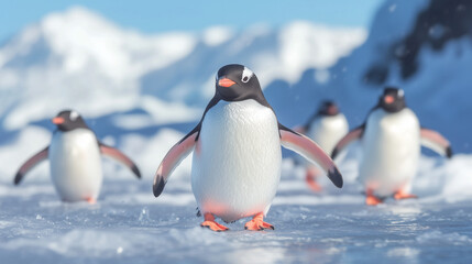 Fototapeta premium Group of Adélie Penguins Walking on Ice