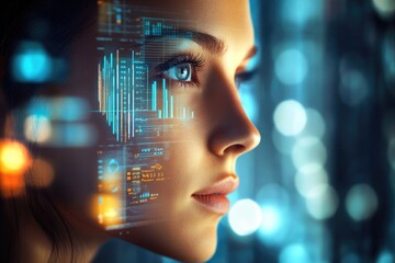 A woman's face overlaid with futuristic data visualizations, showcasing technological integration and data processing.