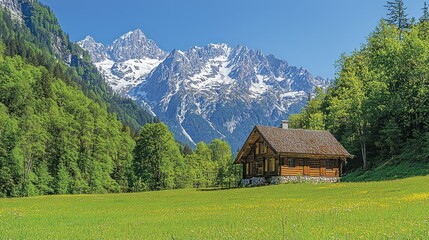 Obraz premium Alpine chalet nestled in meadow, snow-capped peaks