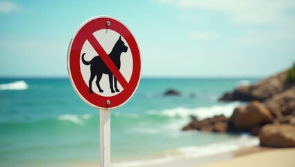 No dogs allowed sign at the beach. Prohibition sign for dog walking on the beach.