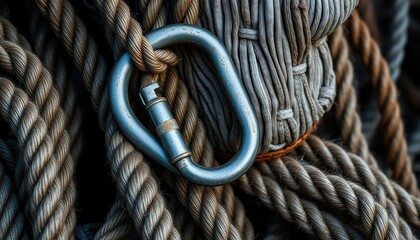 Close-up View of a Metal Carabiner Clasp Securely Fastened to Thick, Textured Ropes