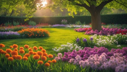 Fototapeta premium Beautiful spring garden. The lush green lawn highlights the vibrant blooming flowers in the garden. A wide range of colorful flowers, expansive views of natural beauty.