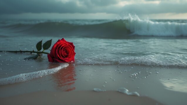 Waves erasing a red rose on the beach. Concept of romantic love, but might also represent loss, sadness, and memories of the past.