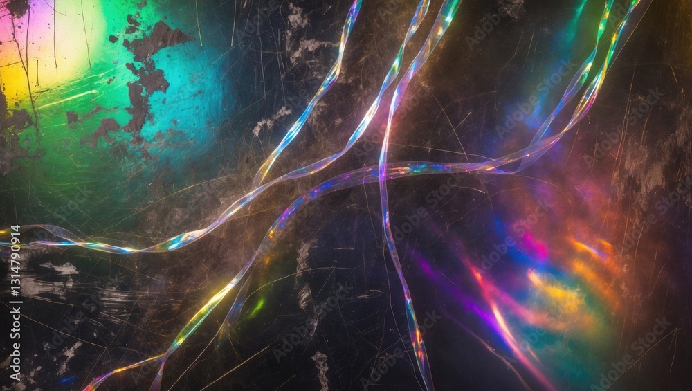 Poster abstract background of holographic strings representing all rainbow colors.