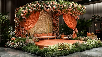 Floral wedding ceremony stage, elegant decorations, modern interior