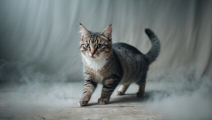 A playful small domestic cat on a light background.
