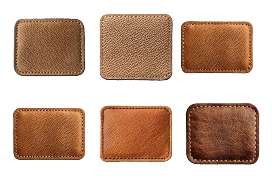 Six textured leather patches arranged in two rows on transparent background