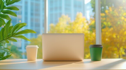 Cozy Workspace with Laptop and Coffee Cups Amidst Autumn Colors