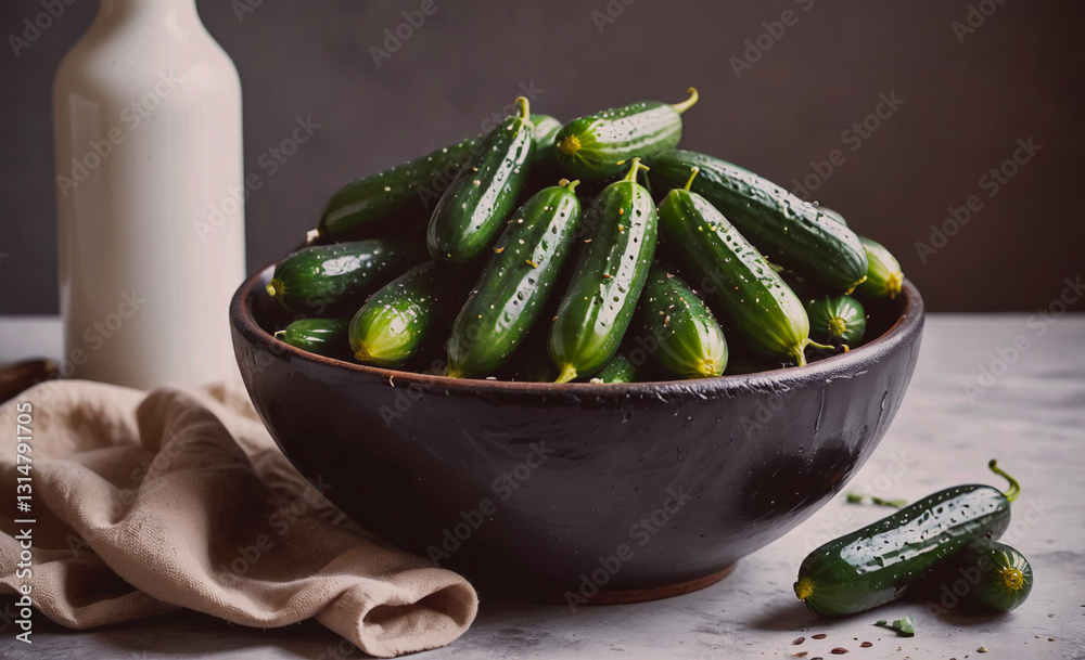 Poster Bowl of pickled cucumbers sits on a table next to a bottle. The cucumbers are green and have been pickled, giving them a tangy flavor. The bowl is filled with many cucumbers