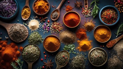 Spices. Colorful various backdrop. Backdrop of spices and herbs. Collection of seasonings, condiments. Flavor, cooking ingredients.