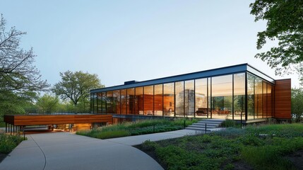 Obraz premium Modern Glass House Exterior with Trees and Pathway During Golden Hour