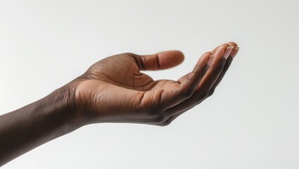 Offering or begging concept. Close-up of a black female hand holding an empty cupped palm against a white background.