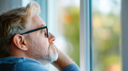 man with glasses gazes thoughtfully out of window, reflecting on life. soft light highlights his contemplative expression, creating serene and introspective mood