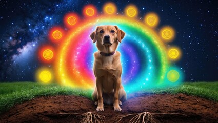 Humorous meditation theme featuring a dog on the grass engaging in a grounding technique to absorb the Earth's energy into her seven chakras.