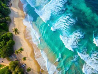 Beach and waves from turquoise water background. Hawaii landscape with the blue sea.