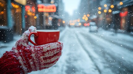 red christmas lantern in snow Woman relaxing on sofa with warm drink, enjoying cozy moment at home