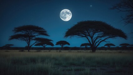 Fototapeta premium Nighttime savanna landscape featuring grass and trees under a full moon in a starry sky.