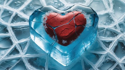 Frozen blue ice encasing a red stone heart with large cracks, representing love, betrayal, or separation.
