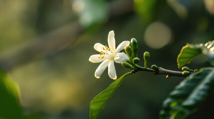 single coffee flower in full bloom with delicate white petals and green leaves in natural setting. soft lighting enhances serene and peaceful atmosphere
