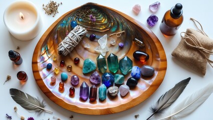 Healing crystals, elixir, palo santo, and white sage bundle displayed on an abalone sea shell, with dry healing herbs set against a white background. Chakra relaxation. Balance in life.