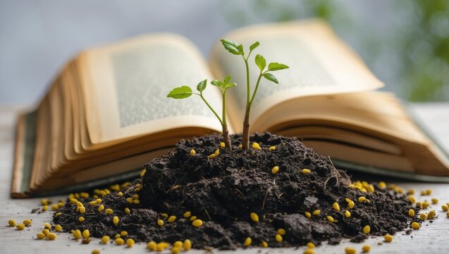 Mustard seed green plant emerging from soil on an open book with golden pages and a white background. Copy space. Close-up.