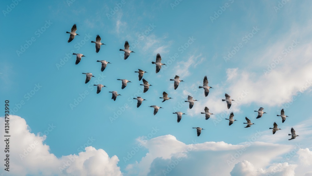 Wall mural flock of birds flying in a v shape formation across a stunning sky. abstract travel and emigration t