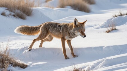 Fototapeta premium A coyote positioned on its hind legs on a snow-covered slope, ready to leap at its prey hidden beneath the snow.