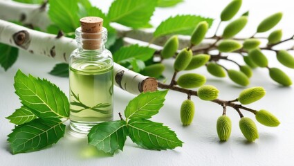A container of essential oil accompanied by fresh birch branches on a white background.