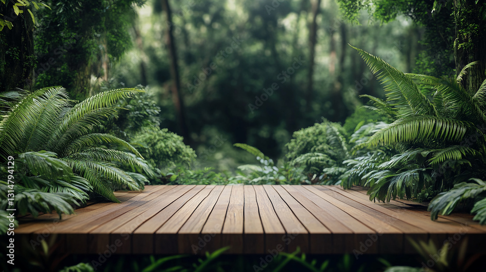 Poster wooden platform nestled in lush green foliage, creating a tranquil rainforest scene, showcasing a pr