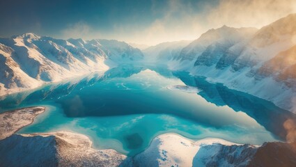 Aerial view of a lake during winter surrounded by snowy mountains.