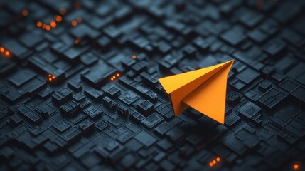 Orange Paper Plane on Futuristic Circuit Board