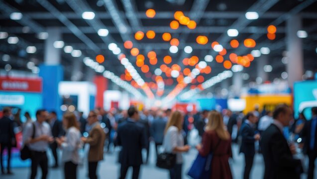Abstract blurred background picture featuring bokeh light of crowd people at exhibition show.