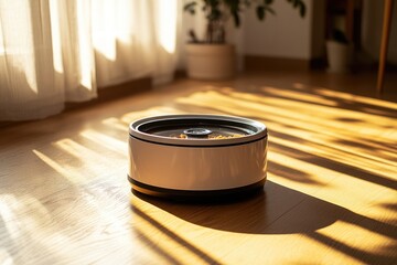 White Pet Food Dispenser on Sunny Wooden Floor