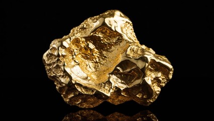Closeup of pure gold from the mine against a black background featuring a gold nugget.