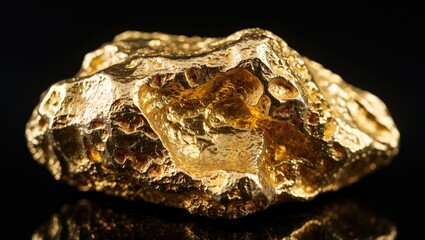 Closeup of a gold nugget from the mine on a black background, showcasing pure gold.