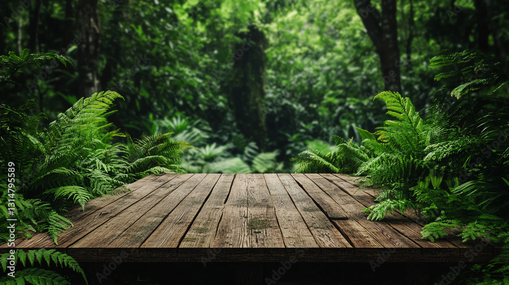 Aufkleber wooden platform in lush green forest setting, showcasing natural tranquility and providing free spac