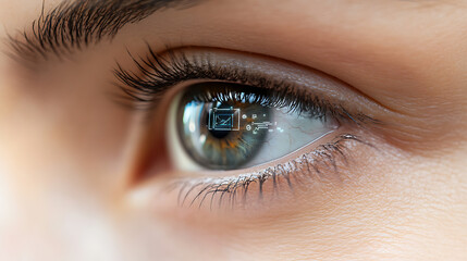 Obraz premium Realistic close-up animation of an augmented reality contact lens displaying real-time data and futuristic UI elements over a human eye 