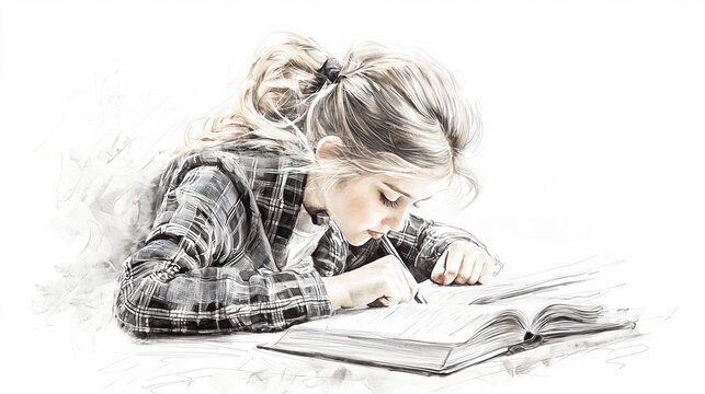A young girl in a plaid shirt intensely focuses on writing in a book. The soft sketchy style and minimal color create a thoughtful, artistic, and studious atmosphere.