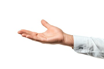 Male hand in white business shirt sleeve extending palm up in welcoming or presenting gesture, isolated on white background for easy design integration.