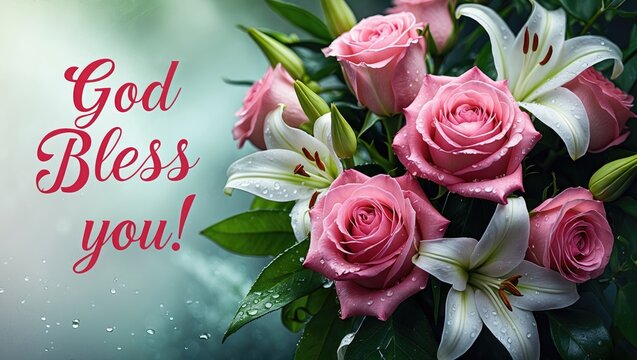 A floral card featuring a rose design with the text God bless you. A card with a Christian message.