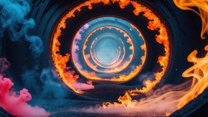 Color smoke circle. Ink water swirl. Fire flame vortex. Round burning tunnel of orange, red, and yellow fumes against a dark abstract background.