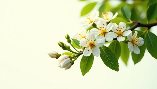 Orange tree branches featuring flowers, buds, and leaves set against white.