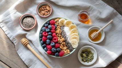 Fototapeta premium Colorful breakfast bowl featuring granola, fruits, and honey on a wooden table with natural light