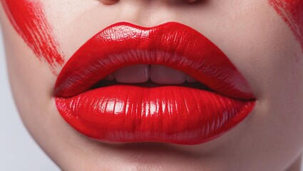 Obraz premium Red lips print on a pastel-colored surface with space for text. Close-up captured.