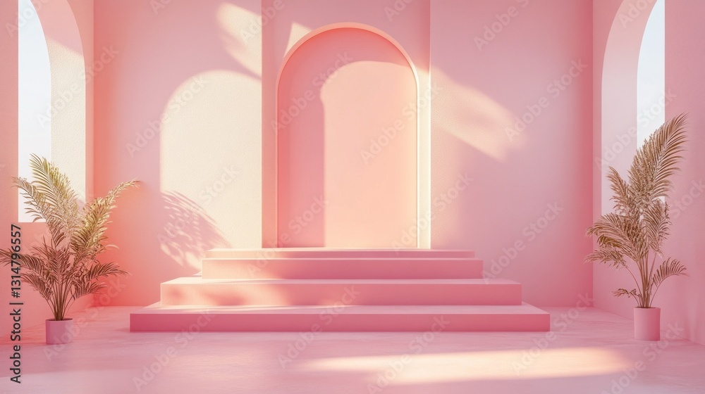 Poster This serene pink environment features smooth steps leading to an archway, illuminated by gentle light filtering through the windows. Lush green plants add a tranquil touch