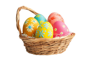 Wicker basket brimming with colorful decorated easter eggs on transparent background