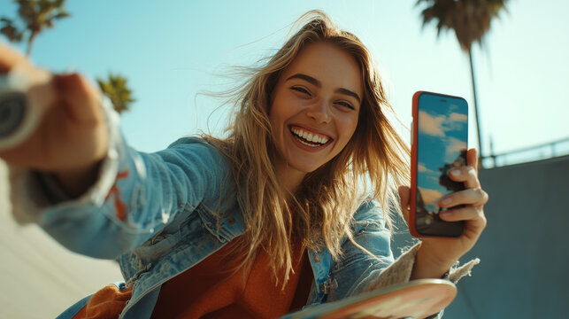 A beautiful Caucasian woman enjoys a carefree moment, taking a selfie with her smartphone while having fun with a skateboard. She smiles brightly, capturing the essence of joy and spontaneity - Powered by Adobe