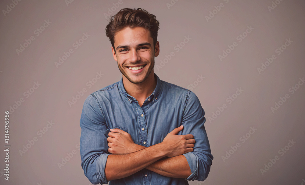 Aufkleber man in a blue shirt is smiling and crossing his arms. he looks happy and confident. concept of warmt