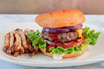 hamburger on a brioche bun served with fries