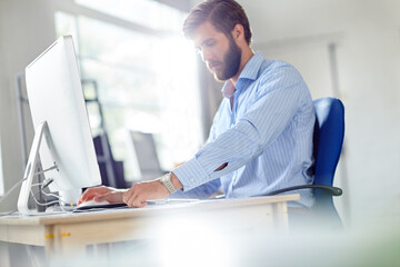 Businessman, research and web designer with computer in office, software update and information....
